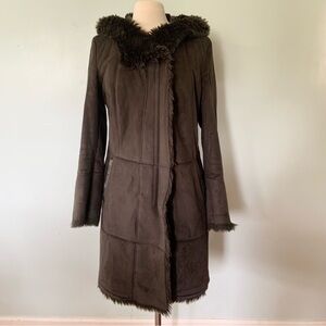Tahari Faux Shearling Fluffy Furry Hooded Coat